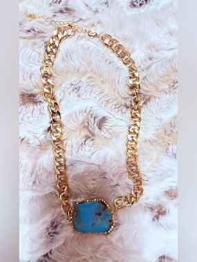 Gold Chain Necklace with Turquoise Stone Pendant